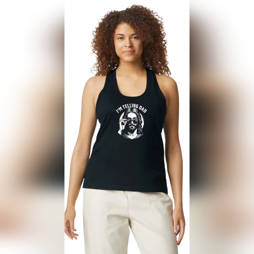 Black Graphic Racerback Tank - "I'm Telling Dad" Biblical Top